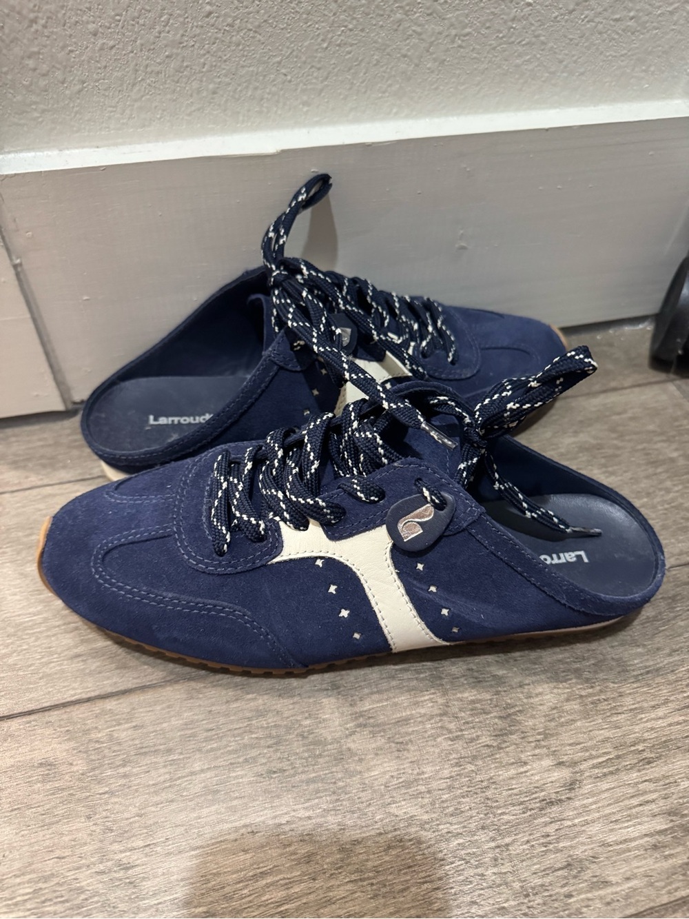 Larroude Navy and White Suede Lace-Up Sneakers